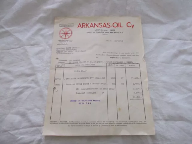 Vieux Papier Ancienne Facture Arkansas-Oil Cy Memphis Paris Marseille 13
