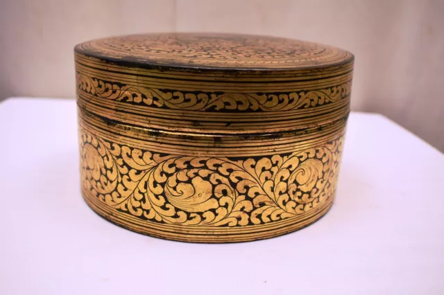 Antique Burmese Betel Nut Box Gilt Lacquerware Myanmar Floral Gold Painted Old"3 4