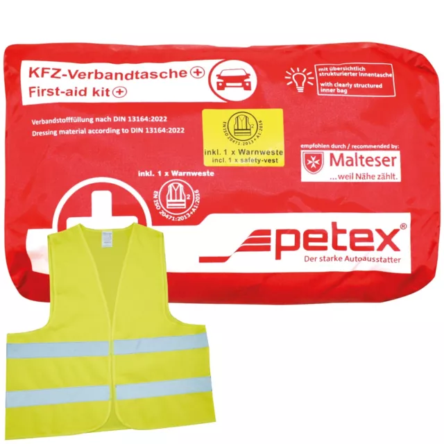 Verbandtasche Plus rot, Inhalt nach DIN 13164:2022 inkl. Warnweste | PETEX