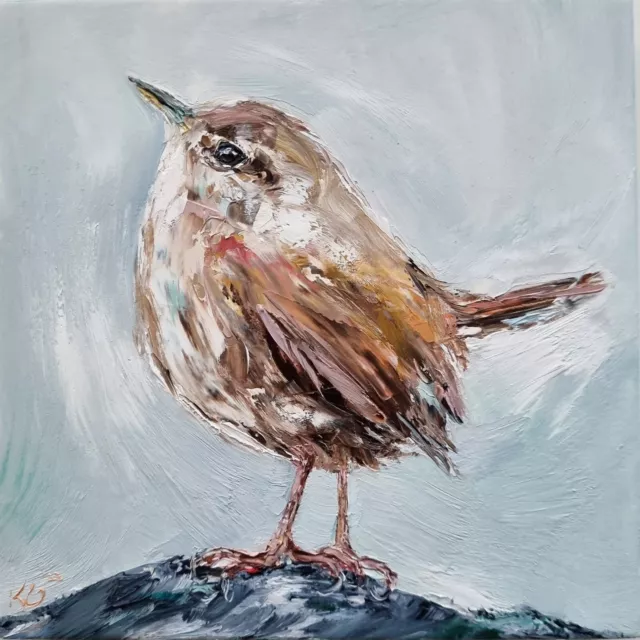 Original Oil Painting Wall Art on Gesso Panel Bird Art Wren Portrait 6x6 inches