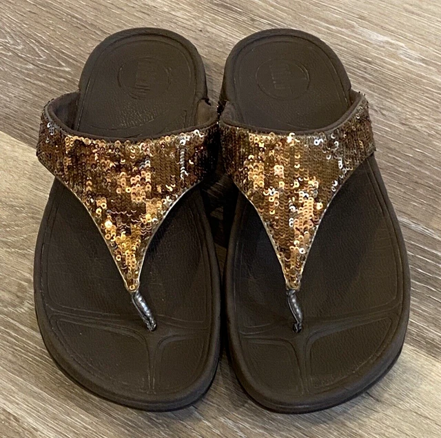 FitFlop Electra Classic Bronze Sequin Flip Flop Womens Brown Thong Sandal Size 6