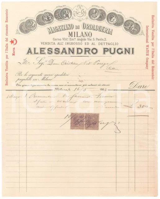 1893 MILANO Corso Vittorio Emanuele - Alessandro PUGNI orologeria *Fattura