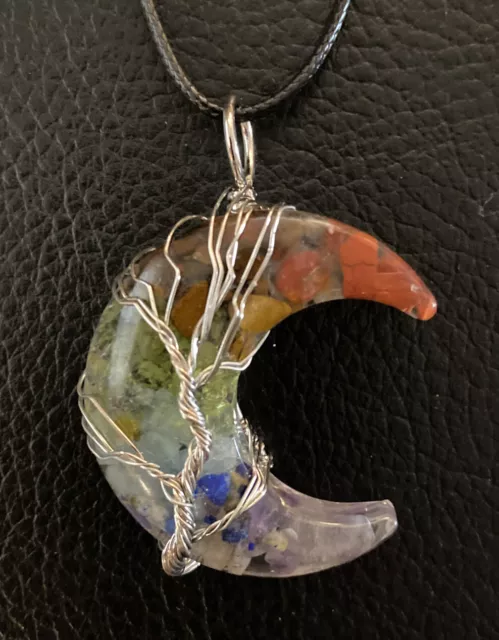 Chakra Healing Necklace Tree of Life Wire Wrapped Crescent Moon Pendant