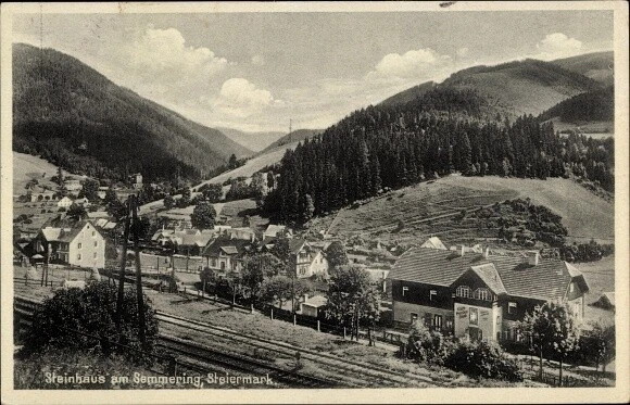Ak Steinhaus am Semmering Steiermark, Blick auf den Ort, Bahnschienen - 10413454