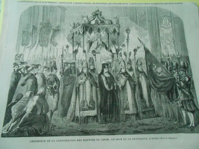 Gravure 1862 - Cérémonie canonisation des martyres du Japon Pentecote à Rome