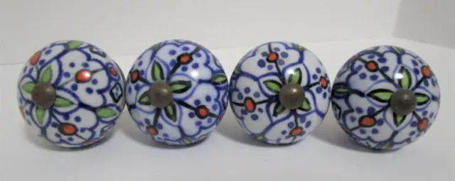 Lot of 4 Hand Painted Ceramic Drawer Knobs Brass Hardware
