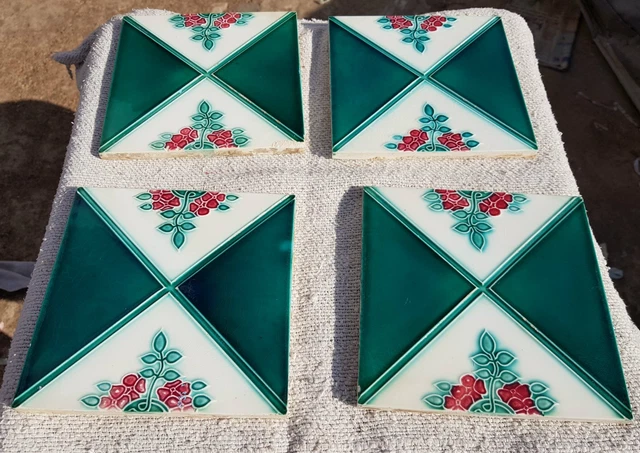 Vintage Floral Design 4Pcs Majolica Art Nouveau Architecture Tile Japan CT72 2