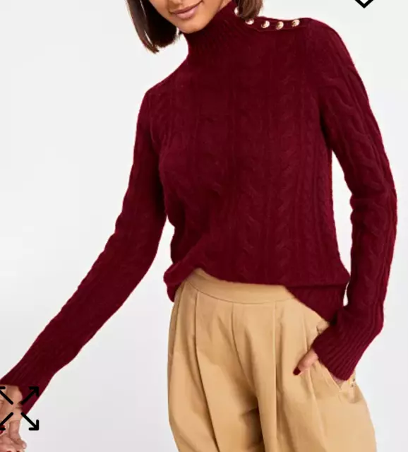 Charter Club NWT Cashmere Cable Knit Sweater Sz M Mock-Neck Button Detail Wine