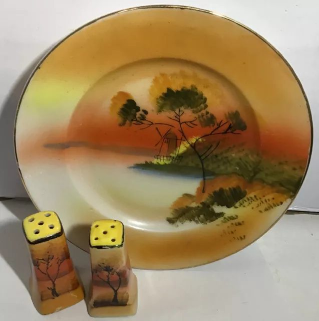 Vintage Hand-Painted 5” Plate And Salt & Pepper Shakers Made In Japan