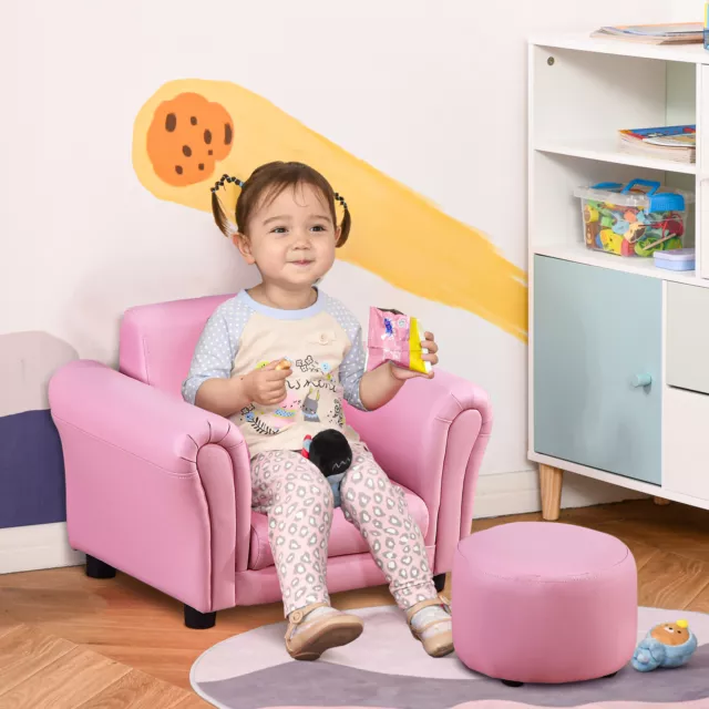 HOMCOM Kids Sofa Chair Set Armchair Seating Seat Bedroom Playroom Stool Pink 2