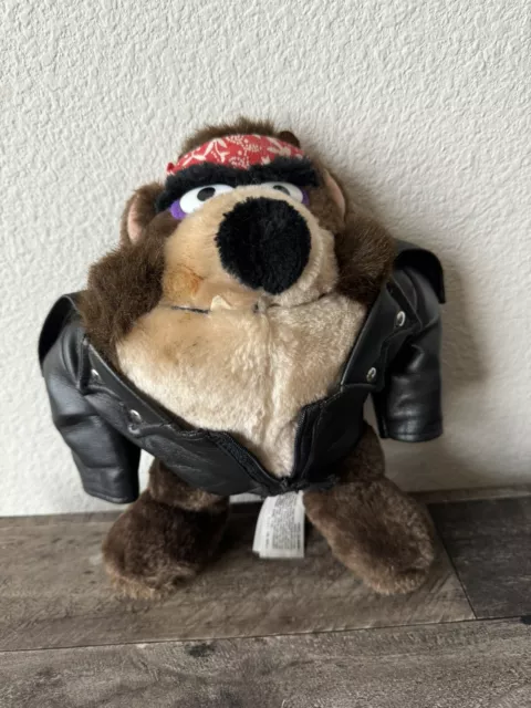 1993 Tasmanian Devil Black Leather Motorcycle Biker Jacket Bandana Plush Taz 9''