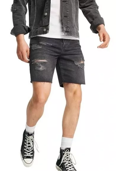 TOPMAN Black Slim Fit Distressed Denim Shorts Raw Hem Mens Size 34 Jean NEW