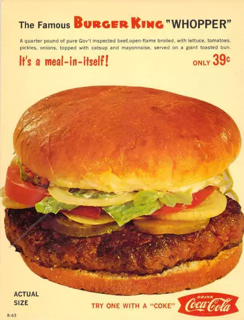 Early Burger King Whopper  Menu Item 8.5X11 Glossy Reprint Hamburgers Vintage