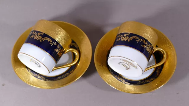 Incrustation d'Or, Paire De Tasses Litron à Café Moka Porcelaine Bleu De Four De