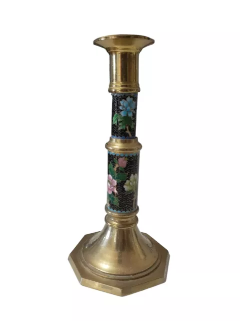 Candlestick Floral / Bird Cloisonne Brass 8.3/4" Tall Asian Oriental