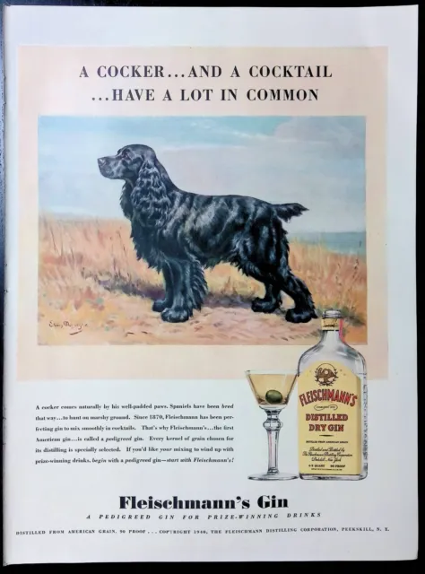 Print Ad 1940's Fleischmanns Distilled Dry Gin Collie Dog Cocker Spaniel