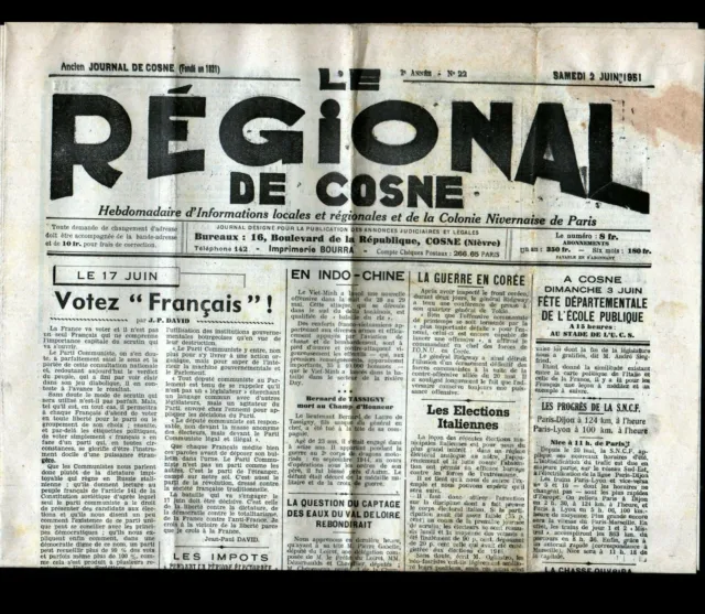 COSNE-SUR-LOIRE (58) NEWSPAPER ""LE REGIONAL DE COSNE"" June 2, 1951