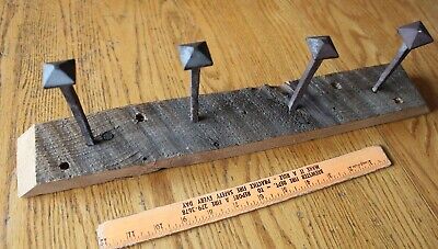 Vintage Coat hooks 4 Antique Square headed Nail Spikes Wall mount wooden 18.5"