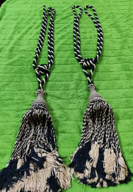 Two Large Black Gold Drapery Curtain Tie Back Tassels braided rope 31"