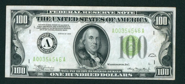 $100 1934 ((VF+++)) LGS LIME ((LIGHT GREEN SEAL)) Federal Reserve Note AUCTION 2