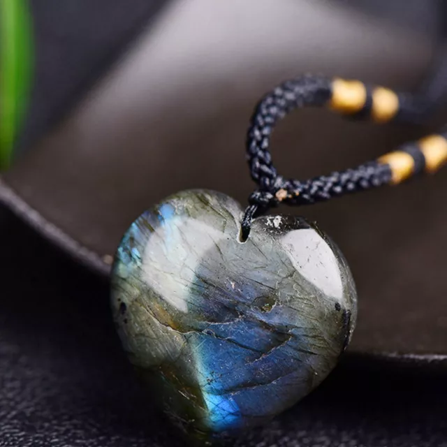 Natural Labradorite Love Heart Pendant Healing Quartz Crystal Gemstone Necklace