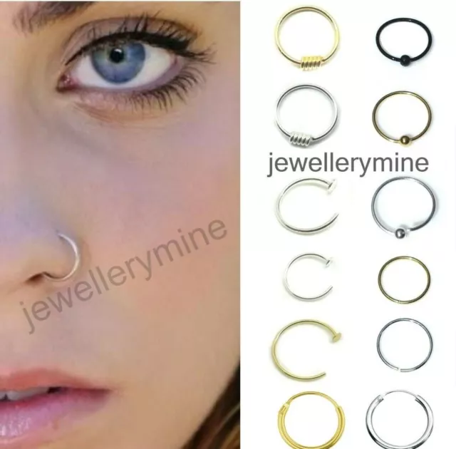 Sterling Silver Nose Ring Hoop 8mm 10mm Small Thin Piercing Stud Body Jewellery