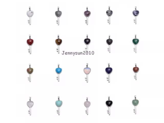 Natural Gemstone Crystal Heart Reiki Chakra Key Pendant Charms Silver Plated