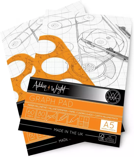 Ashton Und Wright - A5 Grey-Grid Graph Pad - 80gsm Papier - 60 Blätter - Packung