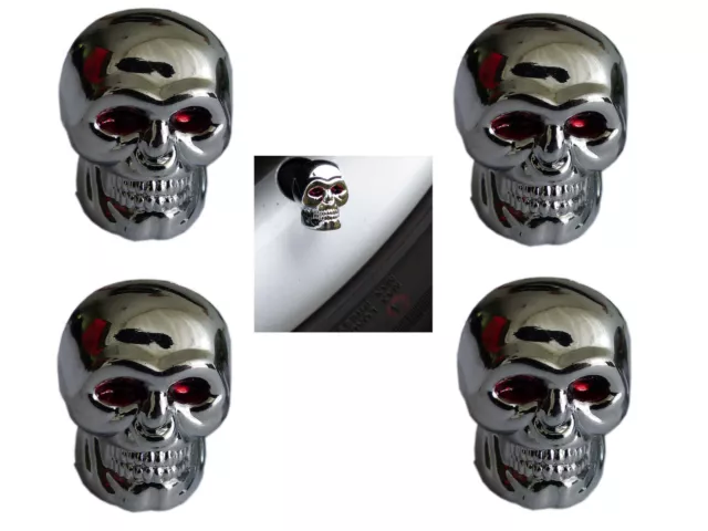 Totenkopf  Skull Ventilkappen Set Chrom/Rot  Für alle Autoventile