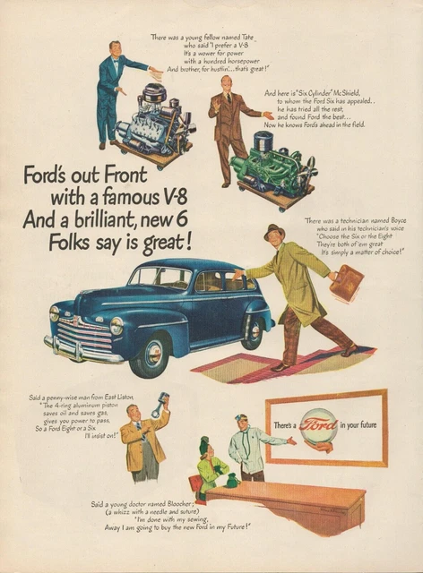 1947 Ford Automobile Car Out Front Famous V-8 Brilliant New V-6 Engine Print Ad