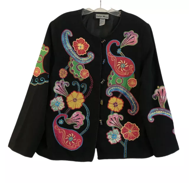 Vintage Indigo Moon Embroidered Jacket Blazer Size L Black Multi Toggle Buttons