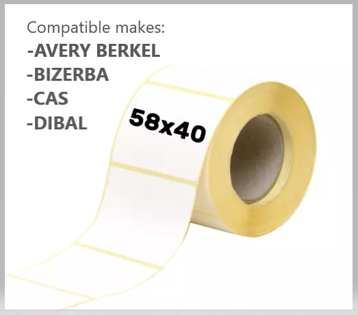 58x40mm Scale Labels  - 8, 16, 24, 44 Rolls (CAS, Dibal, Bizerba, Avery Berkel)