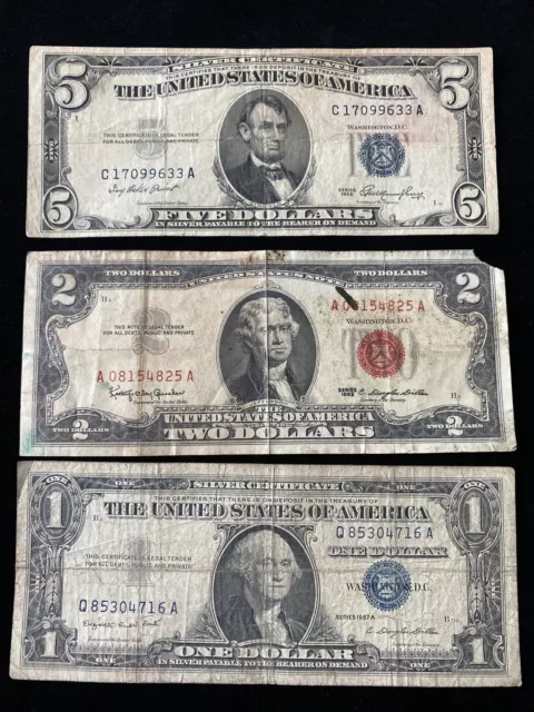 RARE Lot $1 1935 1957 $5 1953 Blue Seal Silver Certificate $2 1963 Red Note Bill