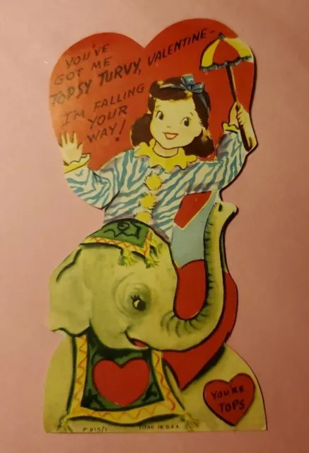 Vintage Valentine's Day Card Midcentury Circus Clown Girl W Umbrella On Elephant
