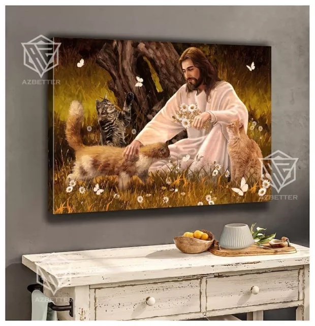 Cat Peaceful Life Surround Jesus POSTER , God Wall Art, Christian Home Decor,...