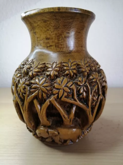 Holz Vase geschnitzt Elefanten 80er Jahre