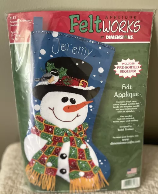 Medias de fieltro lentejuelas Dimensions 18 pulgadas muñeco de nieve kit artesanal 8113 nuevo de lote antiguo