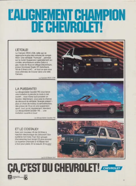 L'Alignement Champion de Chevrolet! Camaro IROC-Z28 Cavalier Blazer ad 1986