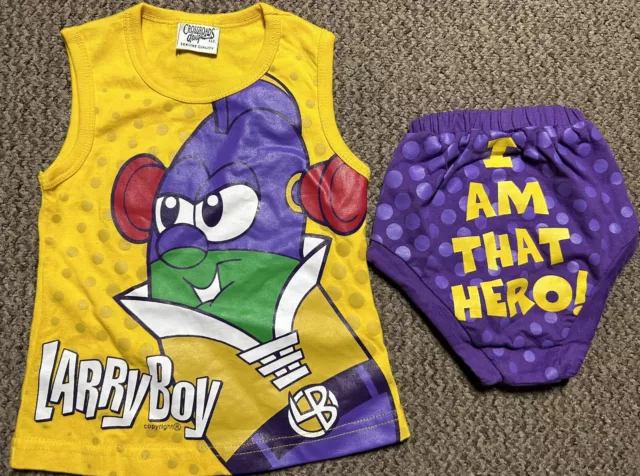 Abito bambino vintage Veggie Tales Larry Boy I AM THAT HERO Promozione TV anni '90