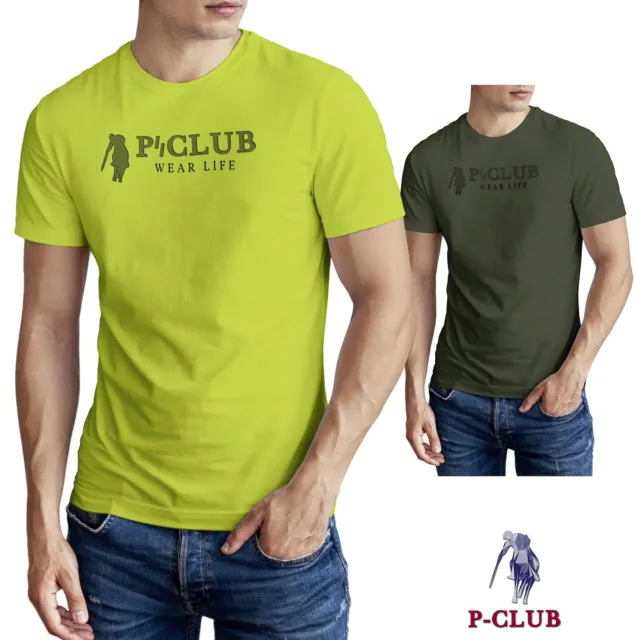 T Shirt Uomo Manica Corta P-Club 100% Cotone Giallo E Verde S M L Xl Xxl 3Xl