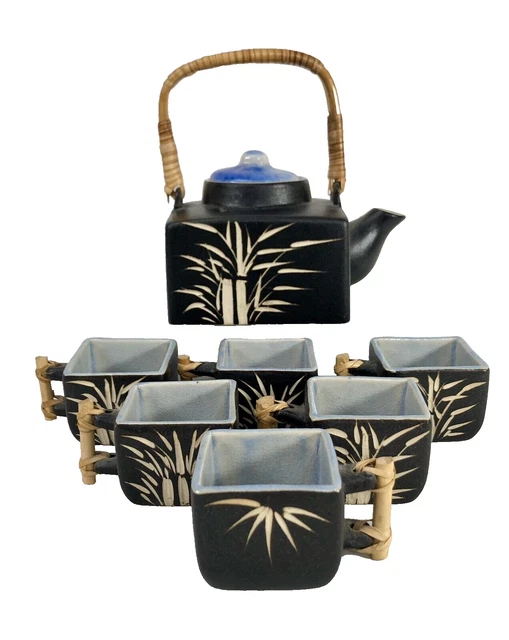 VTG Japanese Tea Set Bamboo Square Teapot 6 cups Ceremonial Asian Tea Pot