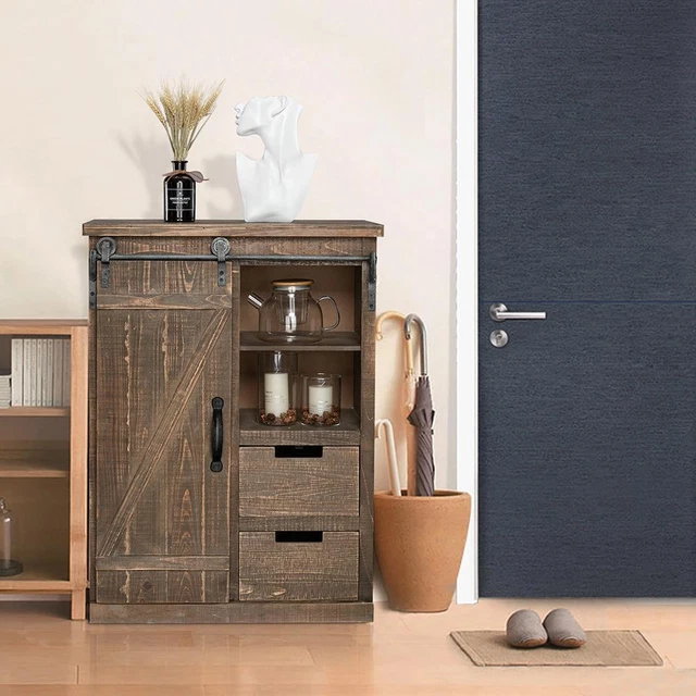 Country Rustic Farmhouse Storage Cabinet Sliding Barn Door Organizer Cupboards