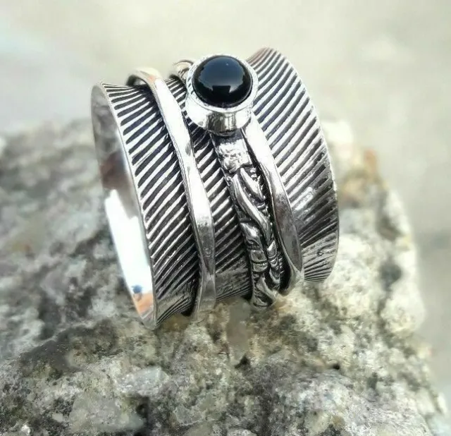 Black Onyx 925 Sterling Silver Handmade Spinner Ring Jewelry All Size AM-736