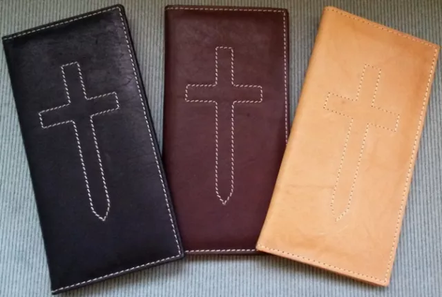 Mens Womens Christian Cross Sword LEATHER Brown Tan Black Checkbook Cover Wallet