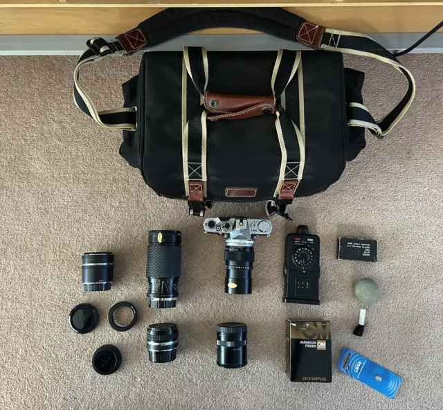 Olympus OM1 35mm SLR Film Camera Bundle With Lenses Cobra Flash View Finder