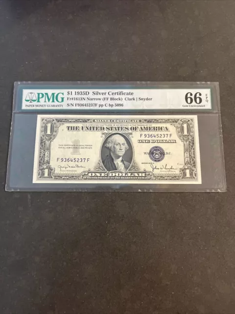 1935D Narrow $1 Silver Certificate PCGS 66PPQ FF Block Fr. 1613N