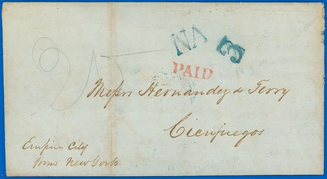 Aug 11, 1852 Philly Cds, Cienfuegos via Havana, "PAID", "NA" & "3 Over 2" H/S's!