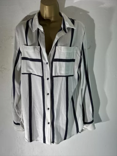 Womens Next Size Uk 8 Blue&white Stripe Long Roll Tab Sleeve Shirt Blouse Top