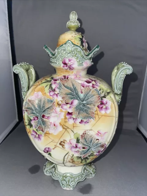 LG 12” Nippon Moriage 2 Handle Vase Urn Hand Painted signed