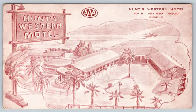 cc1960s Hunt's Western Motel Gila Bend Arizona Sketch Art Vintage Postcard